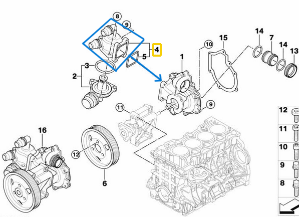 Termostat Kapağı / Gövdesi BMW 1 Seri E81, E82, E87, 3 Seri E46, E90, E92, E93, 5 Seri E60, X1 E84, X3 E83 Motor N40, N42, N45, N45N, N46, N46N OEM 11517572859, 11517506576