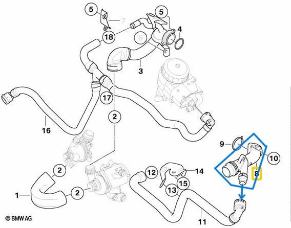 Blok Su Soğutma Borusu Bakalit BMW 1 Seri E81, E82, E87, E88, 3 Seri E46, E90, E91, E92, E93, 5 Seri E60, X1 E84, X3 E83 Motor N43, N45, N46, N46N OEM 11537560130, 11537505055
