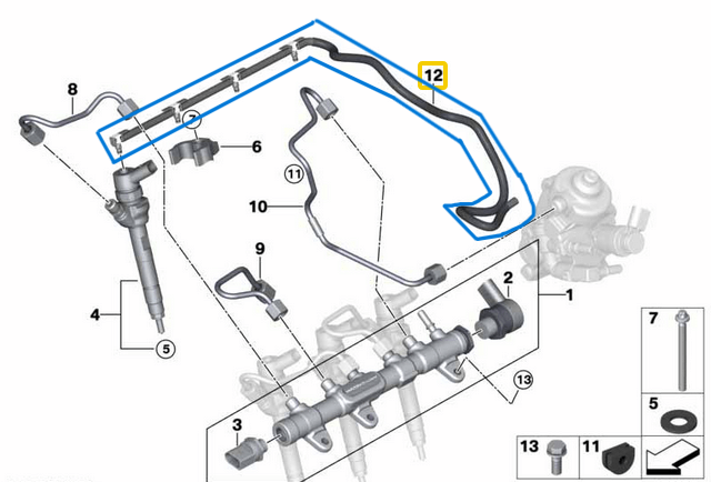 Mazot Geri Dönüş Hortumu 4 Silindir BMW 1 Seri F20, F21, F40, 3 Seri F30, F31, F34, G20, G21, 5 Seri F10, F11, G31, G31, X1 F48, X2 F39, X3 F25, G01, X4 F26, G02, Motor B47B OEM 13538583458, 13538516196