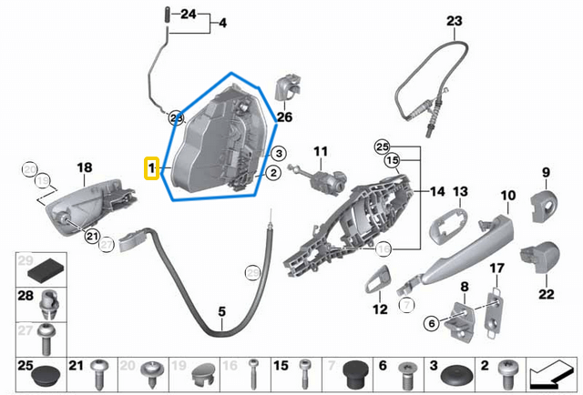 KAPI KİLİDİ ÖN SAĞ BMW 1 Seri E81, E82, E87, E88, 3 Seri E90, E91, E92, E93, F30, F31, F34, 5 Seri E60, F10, F11, 7 Seri E65, F01, F02,  X1 E84, X3 E83, F25, X5 E70 OEM 51217202146, 51217059974, 51214389474, 51217154628, 51217036170