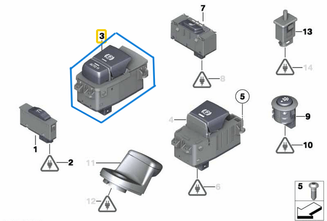 El Fren Düğmesi / El Fren Butonu / El Fren Şalteri. 12 Fişli /Pinli BMW 5 Seri F07, 7 Seri F01, F02, F03, F04, X5 F15, F85, X6 F16, F86 OEM 61319877891, 61316822520, 61319387356, 61319385028, 61319355232