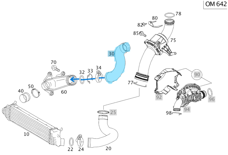 Intercoller Hortumu / İnterkoler Hortumu / Turbo Hortumu Sağ  Üst S Seri W221 Motor: OM642 OEM A2215281482, A2215281182