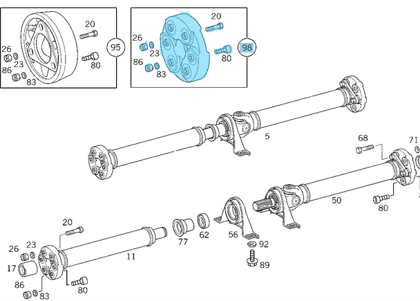 Şaft Köselesi Arka Tamir Takımı / Şaft Takozu 6 Köşe Tamir Takımı E Seri W210, C Seri W202, W203, S Seri W220, OEM A1704100115, A2024101815, A2104101215, A0004110000, A2104100415