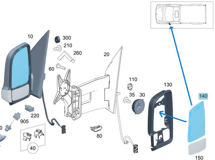 Ayna Camı Elektrikli Isıtmalı Üst Sol Sprinter W907, W910, OEM A9108112900