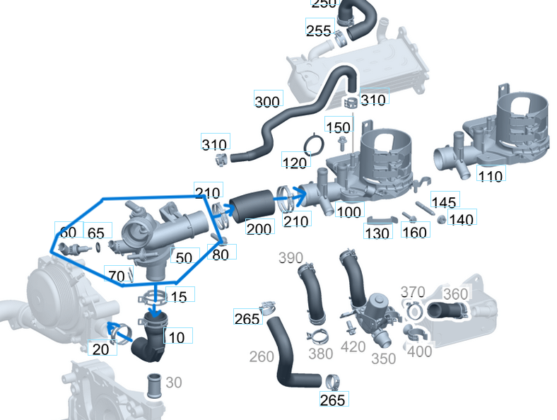 Termostat Komple Gövdeli Müşürlü 95'C M Seri W166, C Seri W204, E Seri W212, Vito  W447, W639, Sprinter W906 Motor: OM651 OEM A6512002800, A6512001500