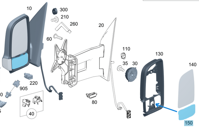 Ayna Camı Elektrikli Isıtmalı Alt Sağ Sprinter W907, W910, OEM A9108113600