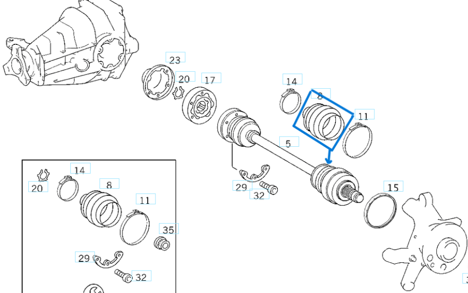 Aks Körüğü Arka Dış 57x22mm Küçük Tip E Seri W124, W210, C Seri W201, W202 OEM A2013570091, A2013570191