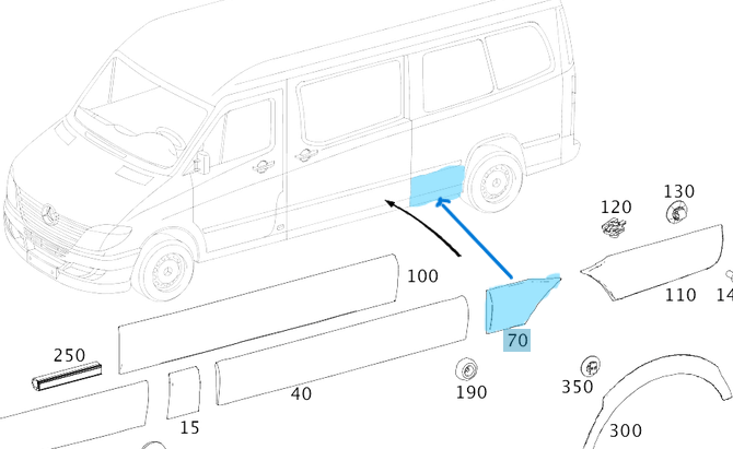 Kaplama Çamurluk Arkanın Önü Sağ 1170mm / Arka Çamurluk Kaplaması Ön Parça Sağ / Arka Çamurluk Ara Kaplaması Sprinter W906 OEM A9066903300, A9066901482
