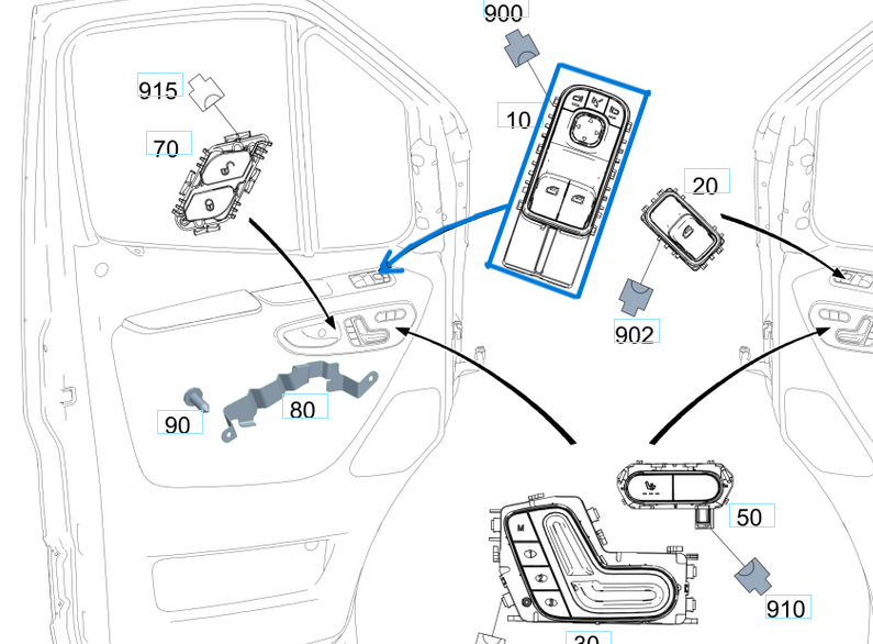 Cam Açma Düğmesi Ön Sol Ayna Kumandalı Sprinter W907, W910 OEM A9079051308, A9079054607, A90790513089051