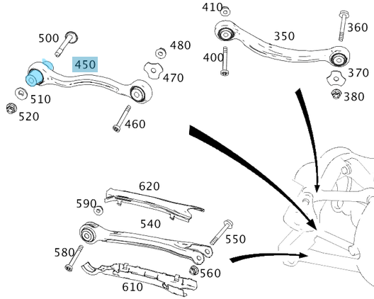 Bugi Kol Burcu Arka Alt / Salıncak Fişeği Arka Alt / Arka Denge Kol Burcu Alt C Seri W204, W205, E Seri W212, W213, GLC Seri W253, OEM A2053506503, A2043500553, A2043521165