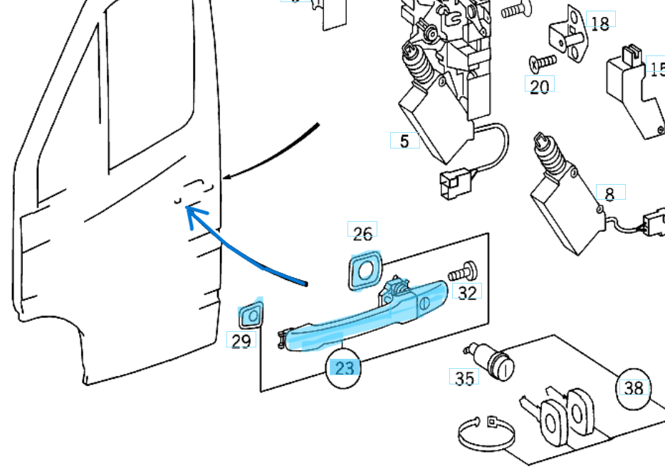 Kapı Kolu Ön Dış Sağ+Sol, Arka Sağ Vito W638, Sprinter W901, W902, W903, W904 OEM A0007601359