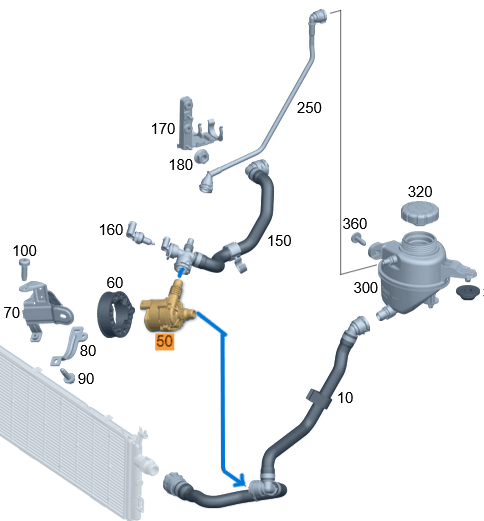 İlave Su Pompası / Devirdaim Yardımcı Pompa  C Seri W205, W206, CLK W297, CL W236, GLC W254, ML W167, E Seri W214, Motor: M264, M274 OEM  A0005007000, A0005007600, 0005007000, 0005007600