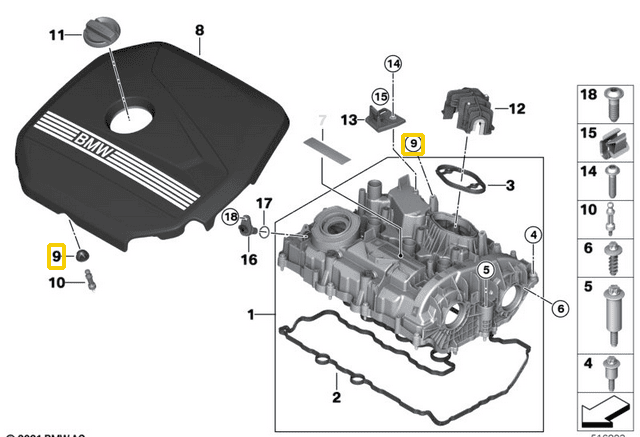 Motor Üst Bakalit Burcu / Külbütör Kapak Lastiği /Somunu /Muhafaza Takozu BMW 1 Seri, 2 Seri, 3 Seri, 4 Seri, 5 Seri, 6 Seri, 7 Seri, X1, X2, X3, X4, X5, X6, X7, MINI OEM 11127614138