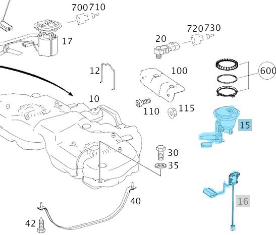 Depo Yakıt Şamandırası Filtreli / Yakıt Seviye Sezicisi ML Seri W164, R Seri W251, Motor: M113, M272, M373 OEM A2514700090, 2514700090