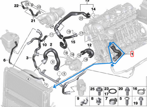 Radyatör Hortumu Üst  BMW 1 Seri E82, E88, 3 Seri E90, E91, E92, E93, X1 E84 Motor: N54, N55 OEM 17127540127