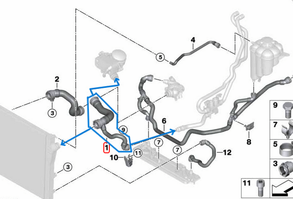 Radyatör Hortumu Üst  BMW X5 Seri E70, F15, X6 Seri E71, F16 Motor: N54, N55 OEM 17127586774, 17127576356
