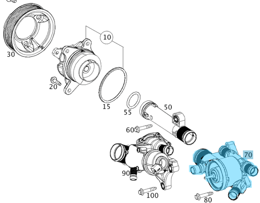 Termostat Yuvalı Komple 80'C Eğri Su Giriş Borulu C Seri W205, Vito W447, Motor: OM626 OEM A6222000215, A6222000015, 6222000215, 6222000015
