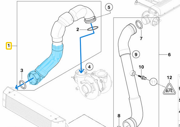 İntercooler Hortumu / Turbo Hortumu Sağ Alt BMW  5 Seri E60, E61,  Motor: M57N, M57N2 OEM 11617808414 -1, 11614727353 -1