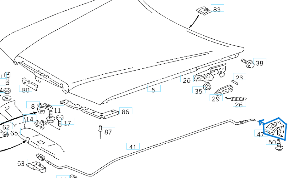 Motor Kaputu İçten Açma Kolu E Seri W124, W210, W211, W212, W213, ML  W164, A Seri W169, C Seri W204, Vito W447, W639 OEM A1248800320