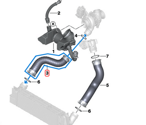 İntercooler Hortumu / Turbo Hortumu Sağ BMW  1 Seri F20, F21, 2 Seri F22, F23, 3 Seri F30, F31, F34, 4 Seri F32, F33, F36, X3 Seri F25, X4 Seri F26, Motor: B47 OEM 11618573762