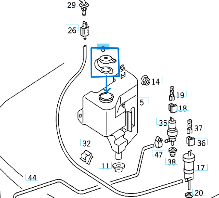 SİLECEK SU DEPO KAPAĞI E Seri W124, W210, C Seri W202, S Seri W126, W220, Vito W639, Sprinter W901, W902, W903, W904 OEM A2028609369, A6388690008, A1248690172