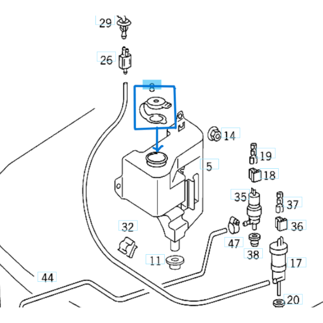 Silecek Su Depo Kapağı E Seri W124, W210, C Seri W202, S Seri W126, W220, Vito W639, Sprinter W901, W902, W903, W904 OEM A2028609369, A6388690008, A1248690172