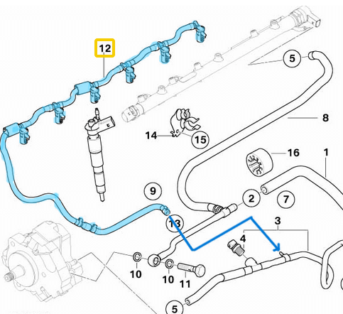 Mazot Geri Dönüş Hortumu 6 Silindir BMW 3 Seri E90, E91, E92, E93, 5 Seri E60, E61, 6 Seri E63, E64, 7 Seri E65, E66, X3 Seri E83, X5 Seri E70, X6 Seri E71, Motor: M57N2, OEM 13537799869, 13537792870