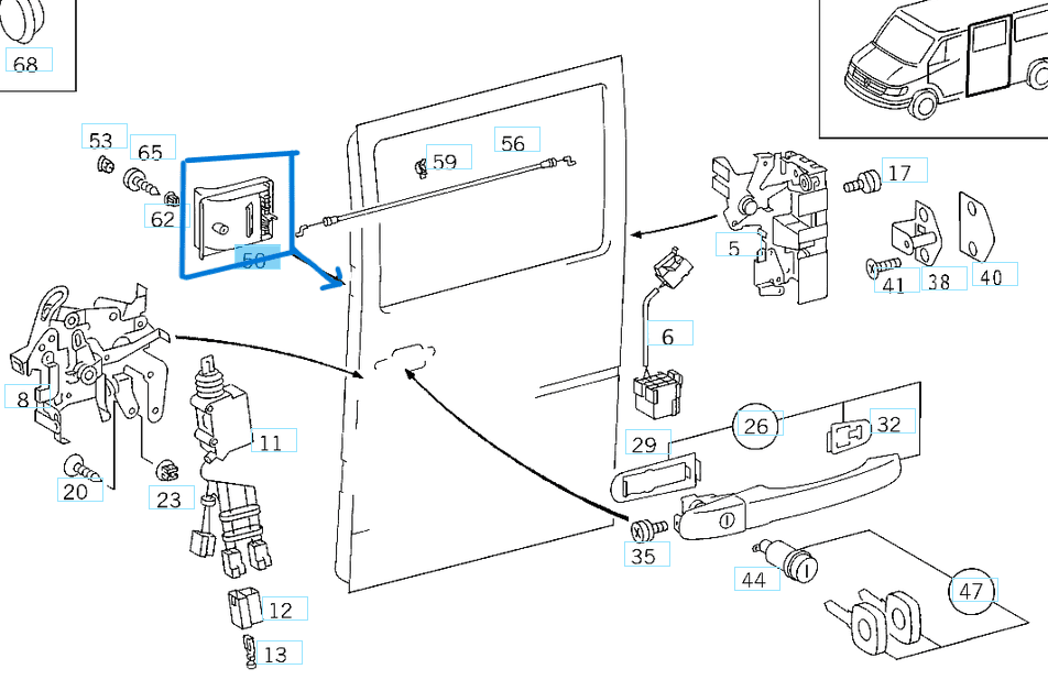 Kapı Açma Kolu İç Sürgülü Sprinter W901, W902, W903, W904, VW LT35, (Vito W638 Tadilat ile) OEM A9017601361, 2D1843642