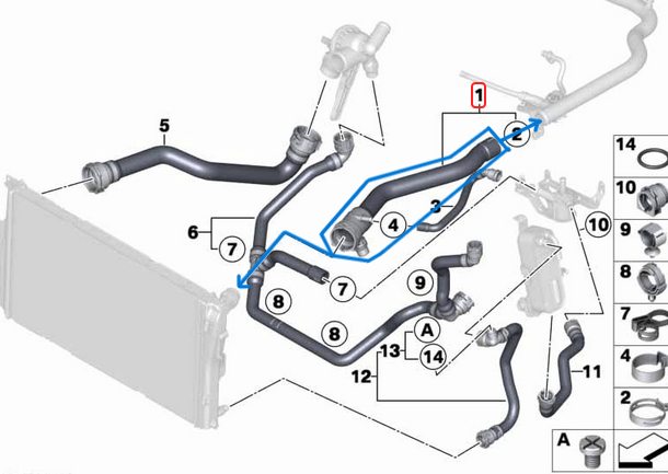 Radyatör Hortumu Sol Üst BMW 1 Seri F20, F21, 3 Seri F30, F31, Motor: N13 OEM 17127596832