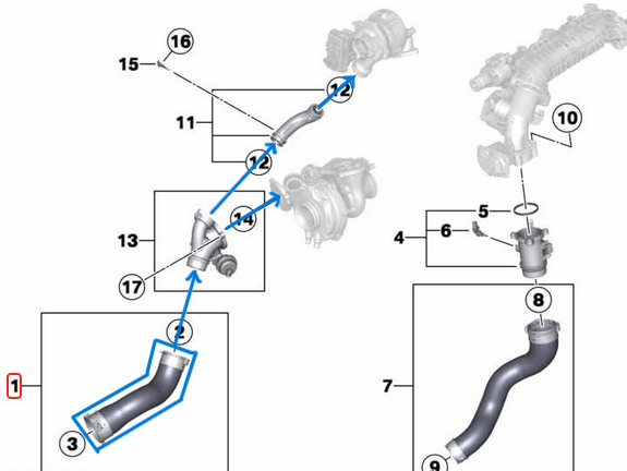 İntercooler Hortumu / Turbo Hortumu Sağ BMW 5 Seri F10, F11, Motor: N47NS1 OEM 11617810796