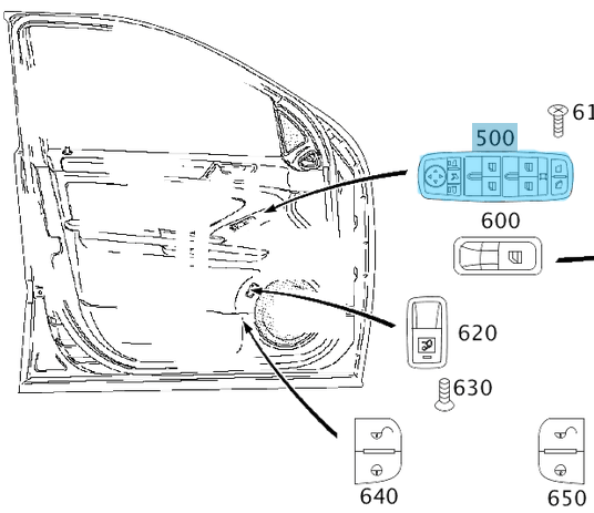 Cam Açma Düğme Seti Ayna Kumandalı Katlamalı Ön Sol  ML Seri W164, R Seri W251, OEM A2518300590, 2518300590