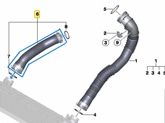 İntercooler Hortumu / Turbo Hortumu Sağ BMW 5 Seri F07, F10, F11, Motor: N20. OEM 13718672108, 13717612095