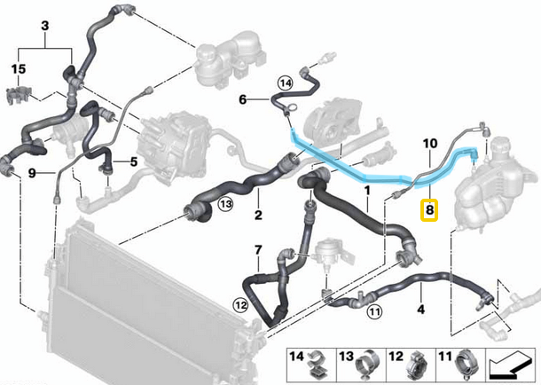 Radyatör Yedek Su Depo Hortumu BMW 2 Seri F45, F46, X1 Seri F48, X2 Seri F39, MINI F54, F55, F56, F60, Motor: B43, OEM 17127646898, 17122437264