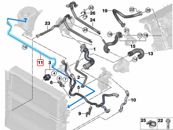 Radyatör Yedek Su Depo Hortumu BMW 5 Seri F10, F11, 7 Seri F01, F02, Motor: N52N, N53 OEM 17127578405
