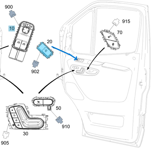 Cam Açma Düğmesi Ön Sağ  Sprinter W907, W910, OEM A9079056108, A9079050504, 9079056108, 9079050504