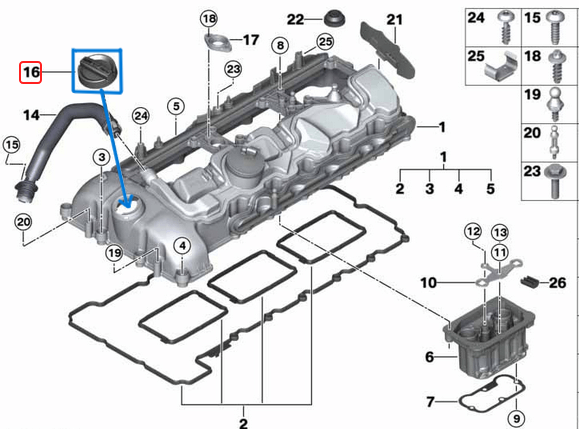 Yağ Kapağı / Yağ Dolum Kapağı BMW-MINI N43, N57, N57N, B37, B38 Motorlara sahip BMW - MINI araçlar  OEM 11128655331, 11128507153, 11124737102, 11127560481