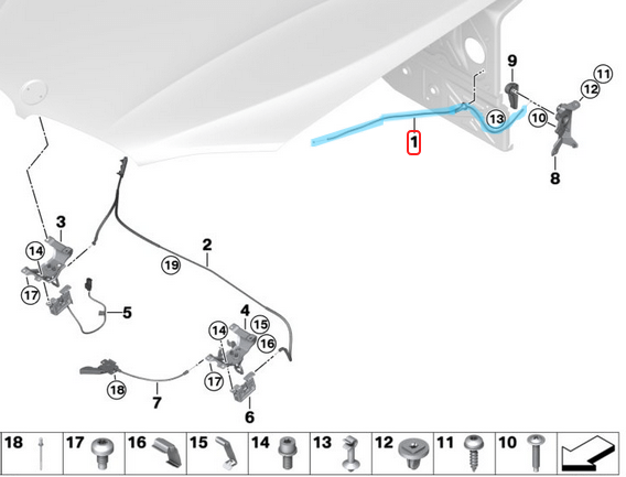 Kaput Açma Teli İç Taraf BMW X5 Seri F15, M F85, X6 Seri F16, M F86, OEM 51237367535