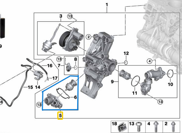 Termostat Flanşlı / Termostat Komple Yuvalı BMW 1 Seri F40, 2 Seri F44, F45, F46, X1 Seri F48, X2 Seri F39, MINI F54, F56, F57, F60, Motor: B37,B47 OEM 11518472105