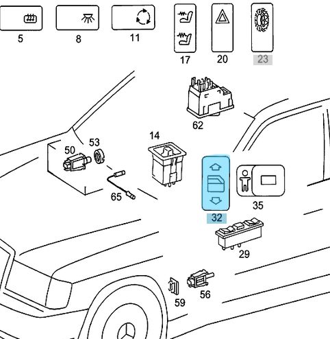 Cam Açma Düğmesi Ön Sağ 190E, 190D, W201, E Seri W124, S Seri W126, OEM A1248204610, 1248204610