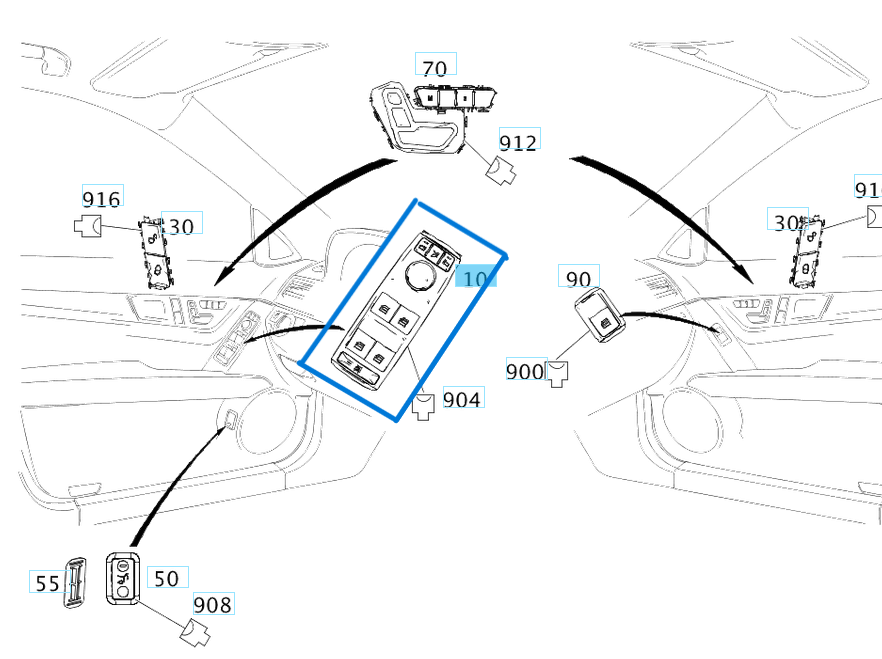Cam Açma Düğme Seti Ön Sol Ayna Katlamalı W204, W207, W212 Kasa C, E Seri OEM A2049055402, A2049053905