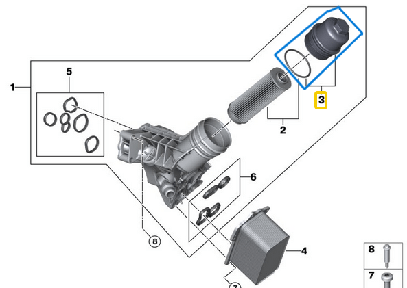 Yağ Filtre Kütük Kapağı BMW 1 Seri F20, F21, 3 Seri F30, F31, G20, G21, 5 Seri G30, G60, 7 Seri G11, G70, X3 Seri G01, G45, X5 Seri G05, X6 Seri G06, Motor: B57, B58, OEM 11428583900, 11427926064
