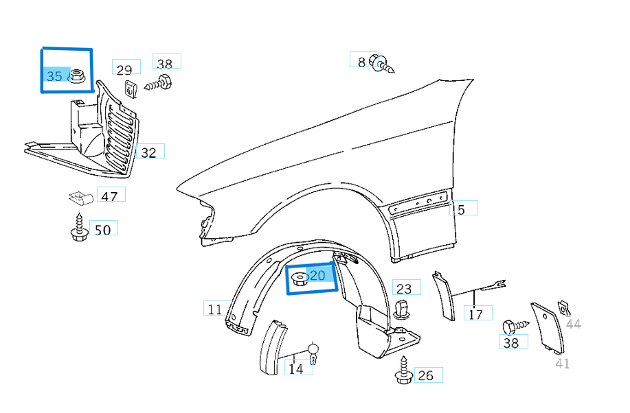 Çamurluk Davlumbaz Kopçası (Klipsi) W124, W140, W201, W202, W204 Vito W639 OEM A2019900050, 2019900050