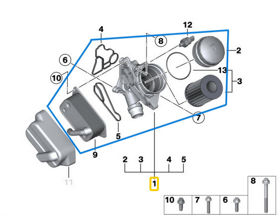 Yağ Filtre Kütüğü Radyatörlü Set / Yağ Filtre Kazanı BMW 3 Seri F30,  5 Seri F10, F11,  6 Seri F06, F12,  X1 Seri E84, X3 Seri F25, X4 Seri F26, Motor: N20 OEM  11428637812, 11427516383