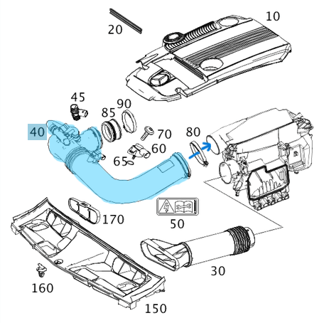 Hava Filtre Emiş Borusu / Hava Giriş Borusu C Seri W204, E Seri W212, W207 Coupe, Motor: M271 CGI, OEM A2710901629, A2710901929