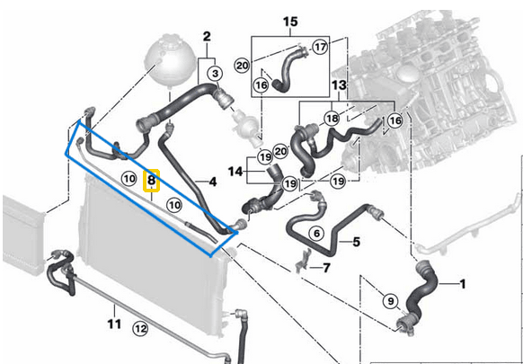 Radyatör Yedek Su Depo Hava Hortumu BMW F07, F10, F18 5 Seri  N20 OEM 17128651450, 17127619696