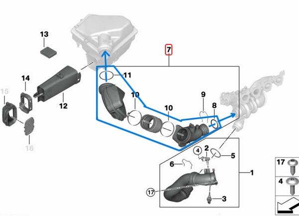Hava Filtre Borusu / Hava Emiş Borusu BMW 1 Seri F20, 2 Seri F22, F23, 3 Seri F30, F34, 4 Seri F32, F33, F36, Motor: B46, B48, OEM  13718601681, 8601681
