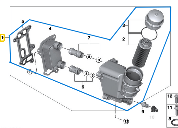 Yağ Filtre Kütüğü Radyatörlü Set / Yağ Filtre Kazanı BMW 1 Seri E81, E82, E87, E88,  3 Seri E90, E91, E92, E93, 5 Seri E60, E61, X1 Seri E84, X3 Seri E83, Motor: N47 OEM 11427807799, 11427797392