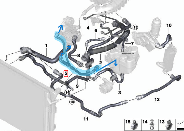 Radyatör Hortumu Orta BMW 1 Seri F20, F21, 2 Seri F22, F23, 3 Seri F30, F31, F34, 4 Seri F32, F33, F36, Motor: B48 OEM 17128616914