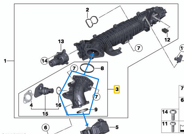 Manifold Emiş Borusu BMW 3 Seri F30, F31, F34, 4 Seri F32, F33, F36, 5 Seri F07, F10, F11, 6 Seri F06, F12, F13, 7 Seri F01, F02, X3 Seri F25, X4 Seri F26, X5 Seri F15, X6 Seri F16, Motor: N57N, OEM 11617823244