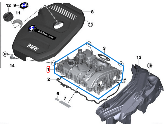 Subap Kapağı / Motor Üst Kapağı / Külbütör Kapağı BMW 1 Seri F20, F21, 2 Seri F22, F23, 3 Seri F30, F31, F34, 4 Seri F32, F33, F36, X1 Seri F48, X2 Seri F39, MINI F54, F55, F56, F57, F60, Motor: B36, B38 OEM 11127611277